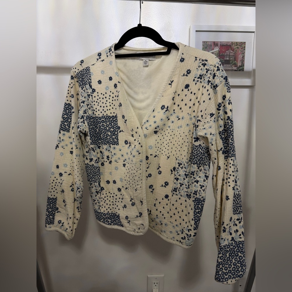 Cream Quilted Cardigan with Blue Floral Patchwork
